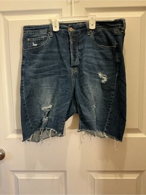 Women’s Revery Distressed Dark Blue Denim Ultra High Rise Bermuda Shorts